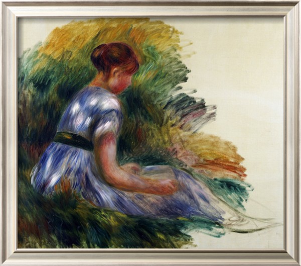 Young Girl Sitting in the Grass - Pierre Auguste Renoir Painting